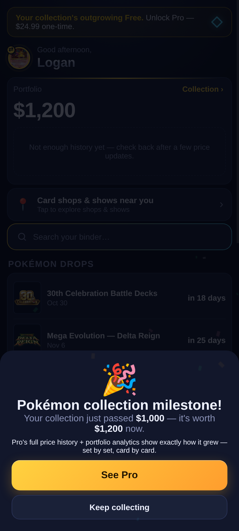 ScanVault app celebrating a $1,000 collection milestone with confetti