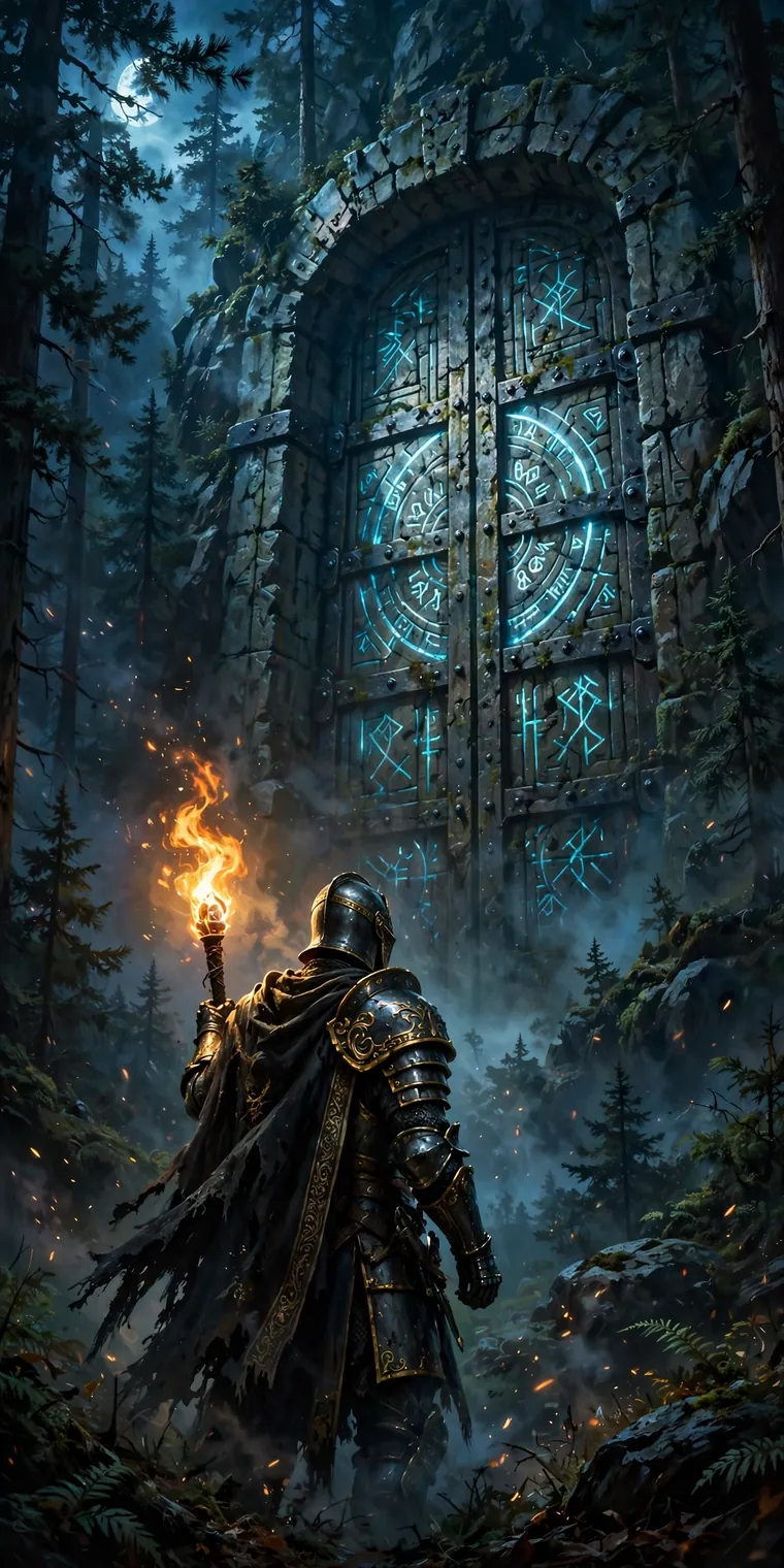 Hollowreign key art — an armored warden holding a torch before a colossal rune-carved vault door in a moonlit forest