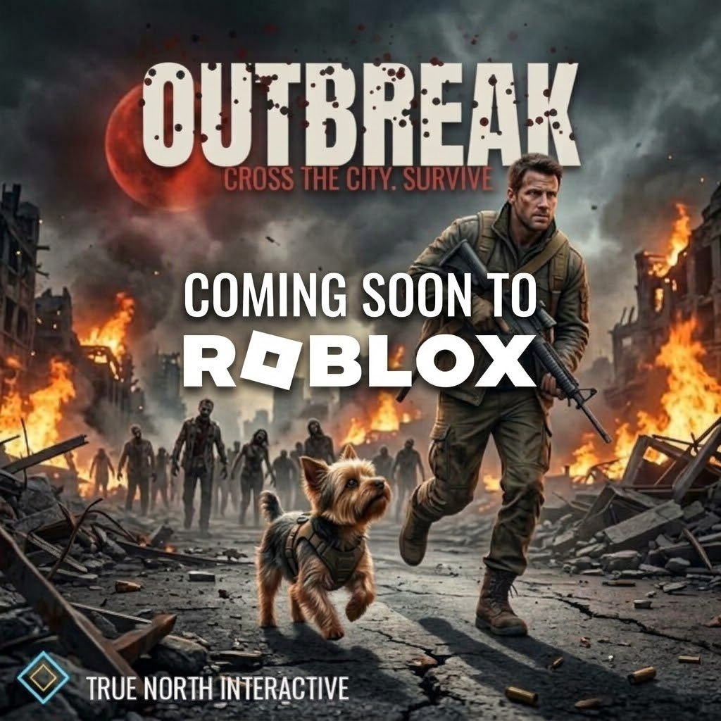 OUTBREAK poster — a survivor and his Yorkie fleeing a zombie horde through a burning ruined city under a blood-red moon